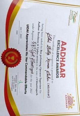 जिले के आधार ऑपरेटर दिलीप साहू आधार एक्सीलेंस अवार्ड से सम्मानित*